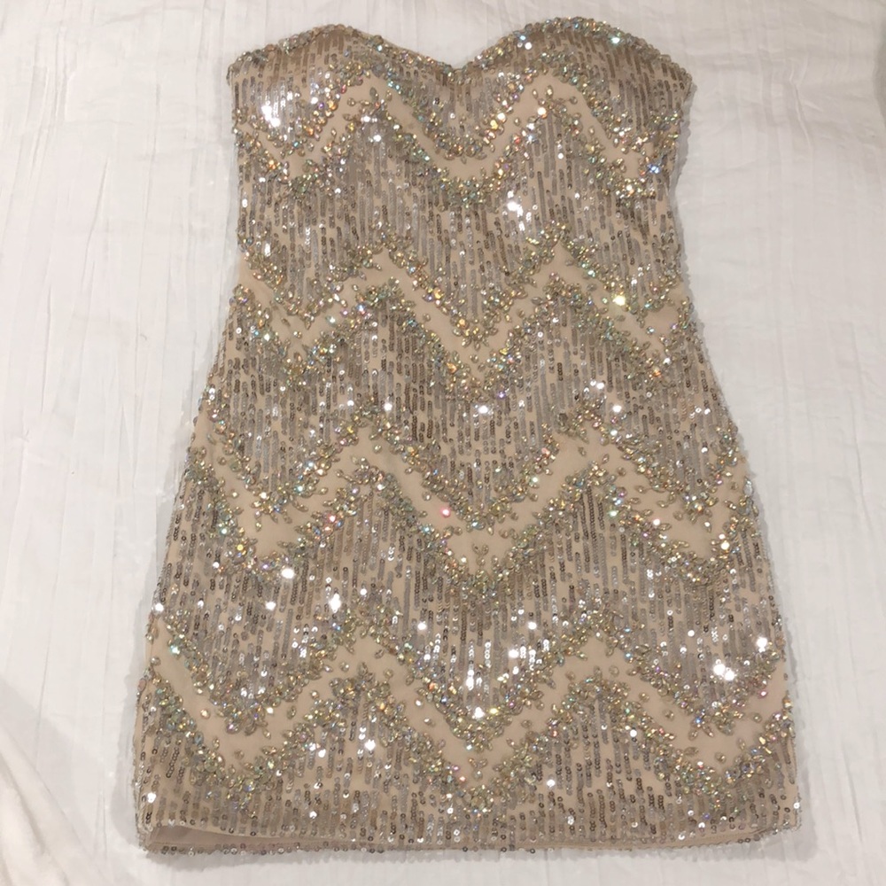 Tan and beaded strapless short prom dress